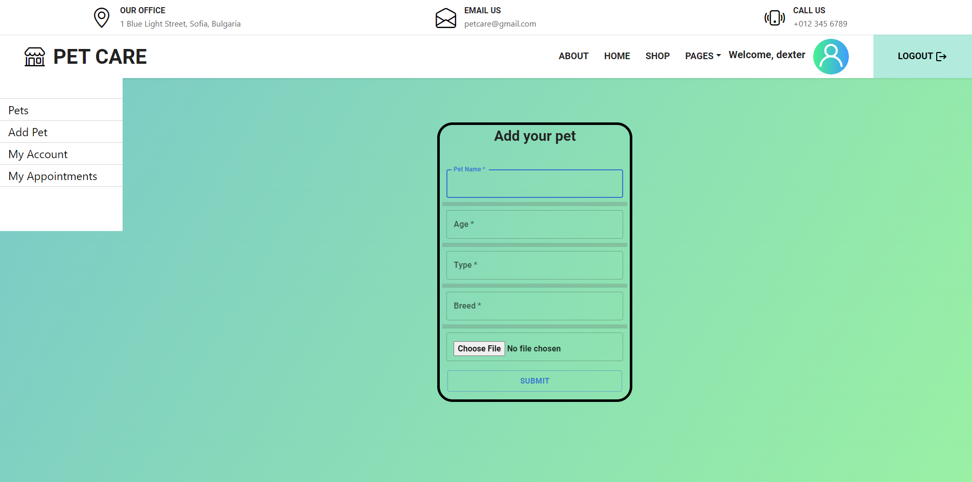 Pet Care Application add pett
