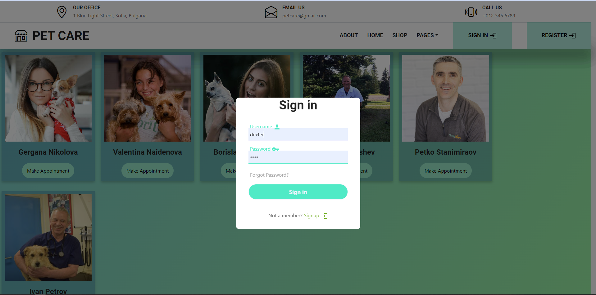 Pet Care Application login