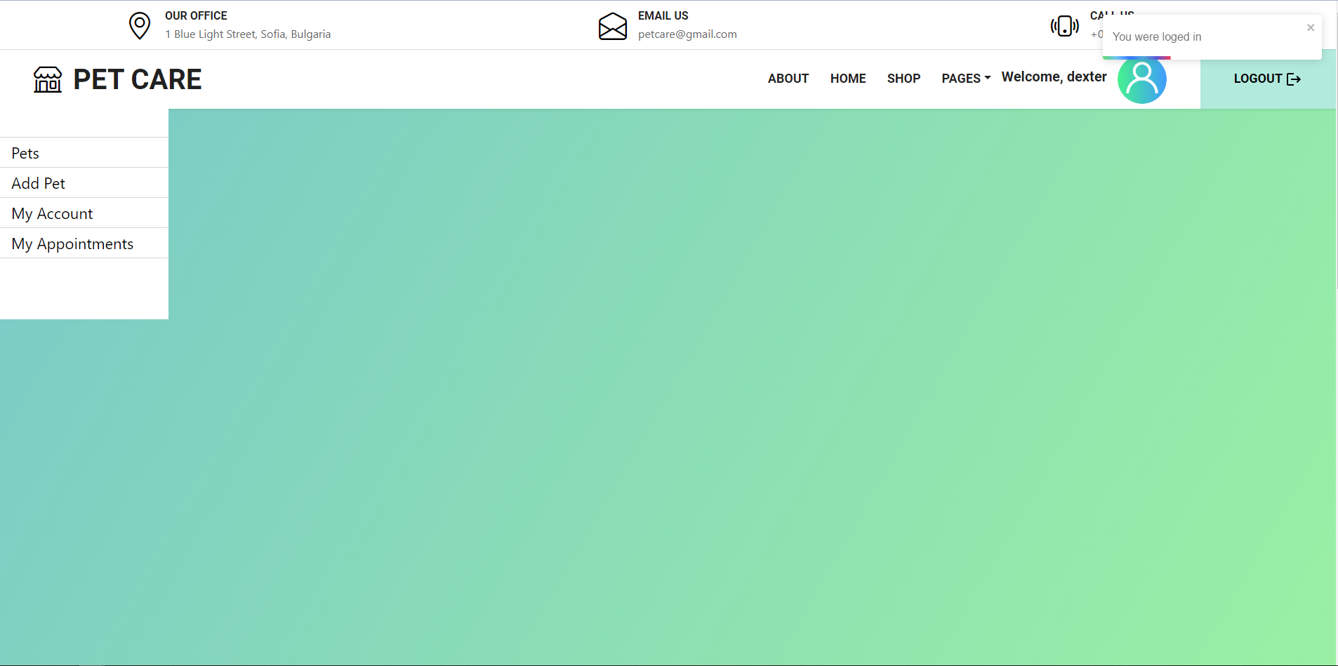 Pet Care Application my account